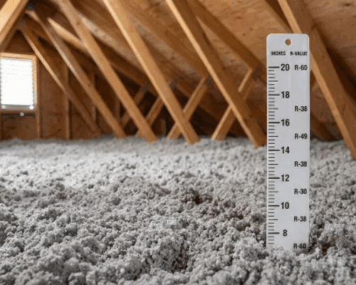 Ruler showing a deep, even layer of blown-in attic insulation