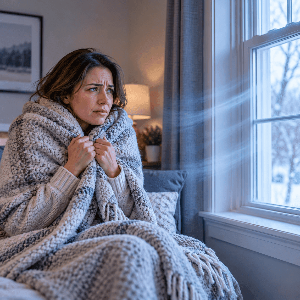 Homeowner wrapped in a blanket in a cold, drafty room in winter