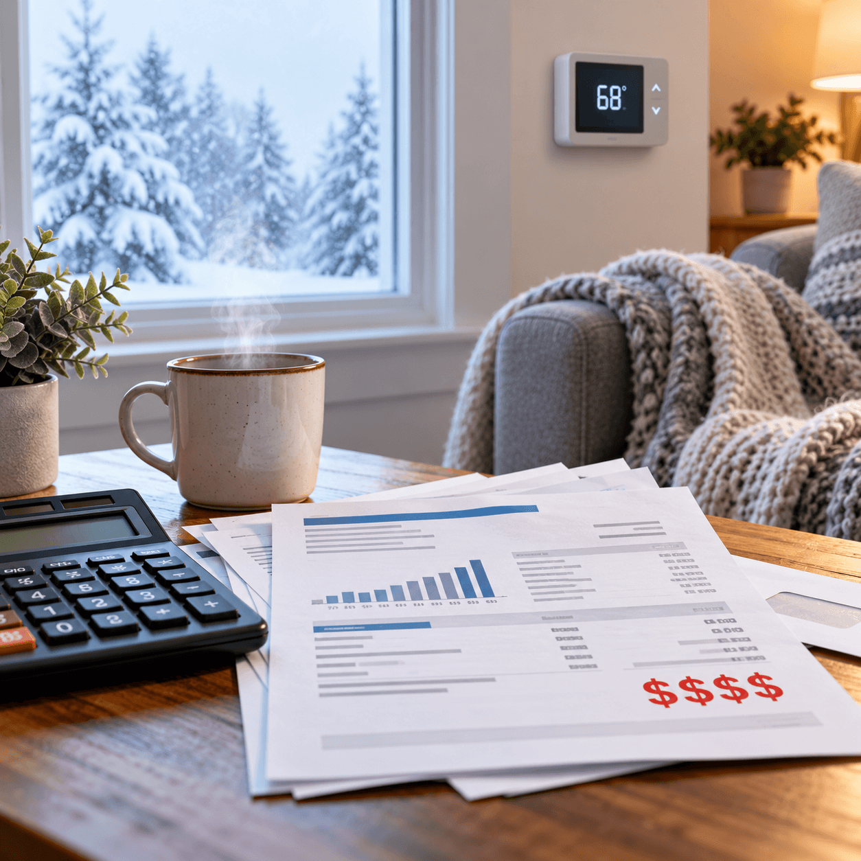 Winter heating bills and a calculator on a table beside a thermostat