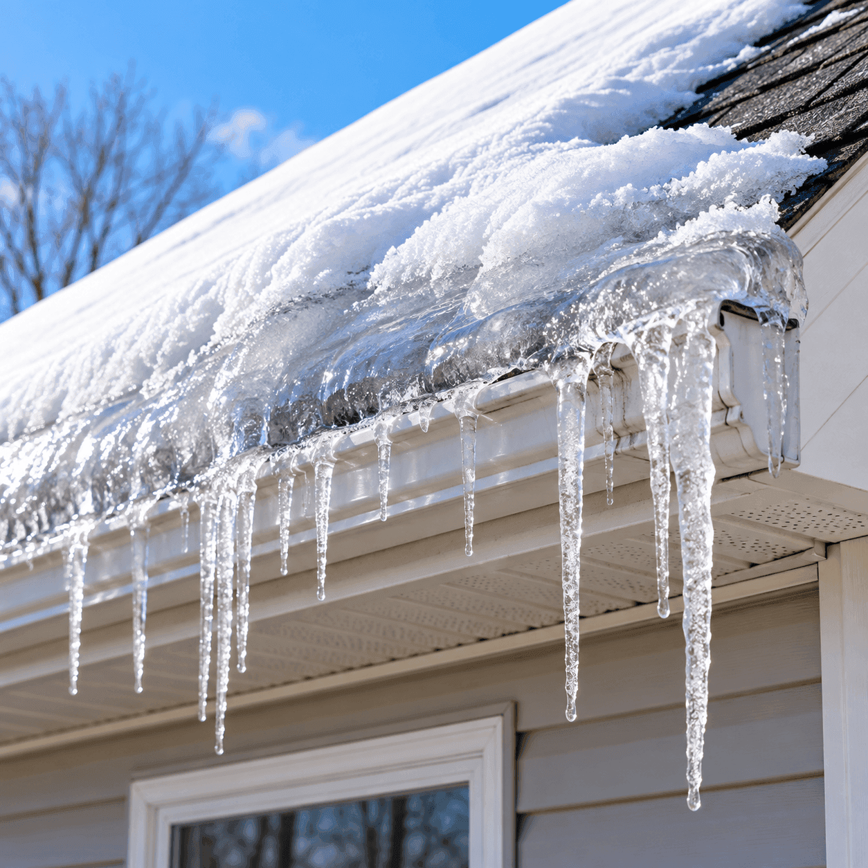 Ice dam and icicles forming along a snow-covered roofline