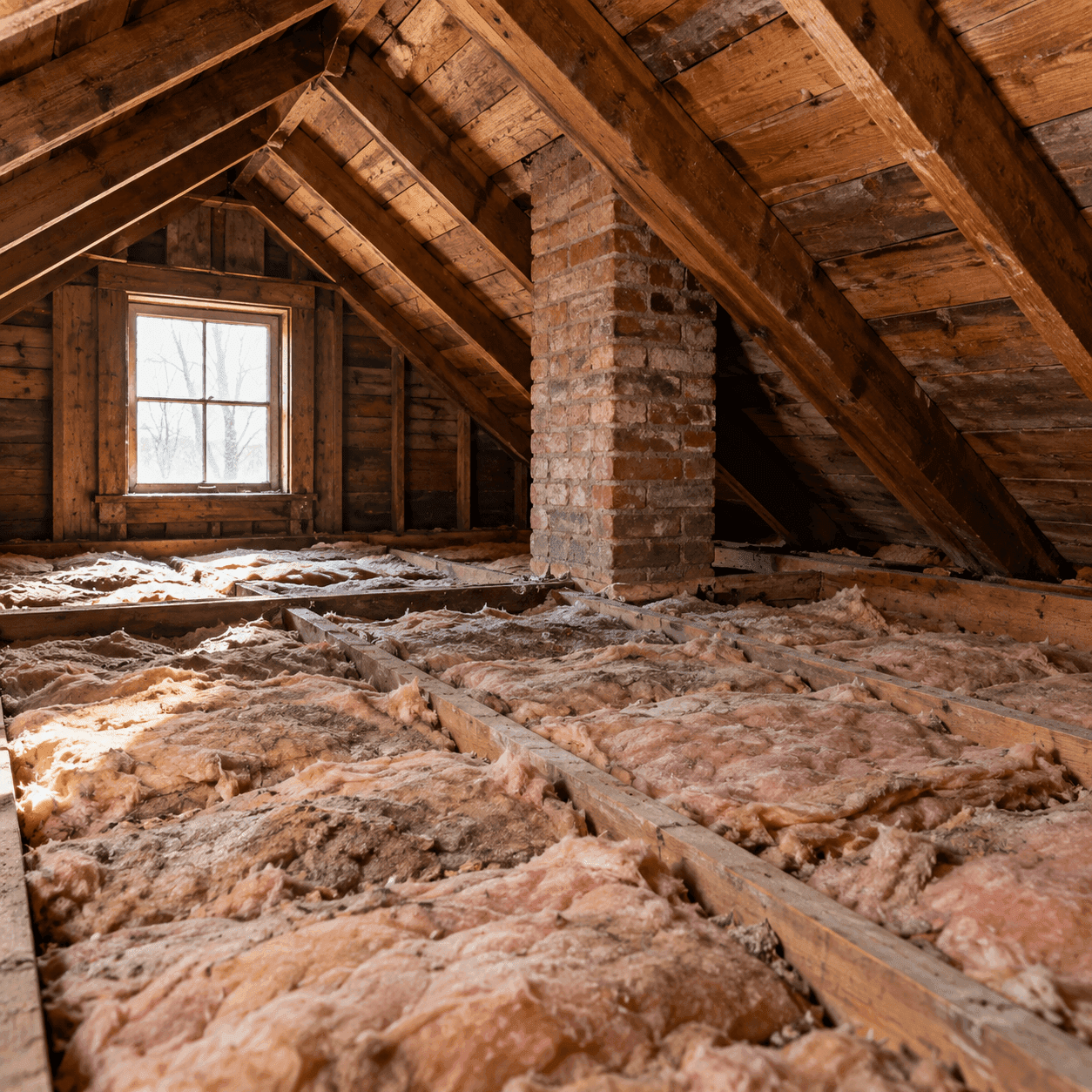 Old, compressed original insulation in the attic of an older home