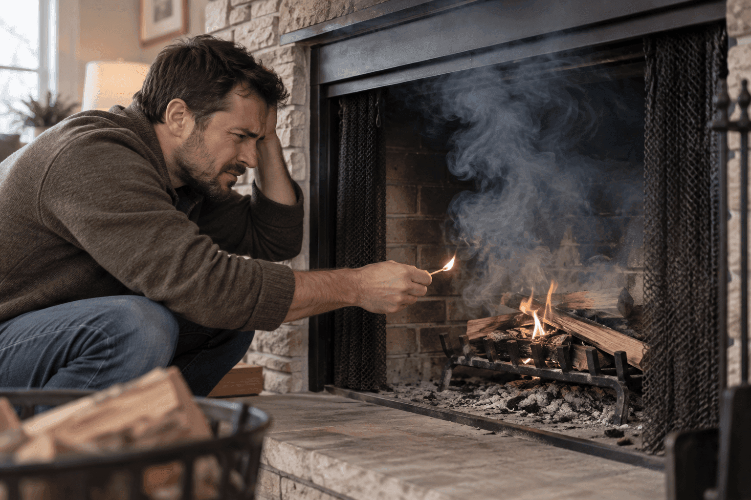 Homeowner struggling to start a fire with smoke filling the room