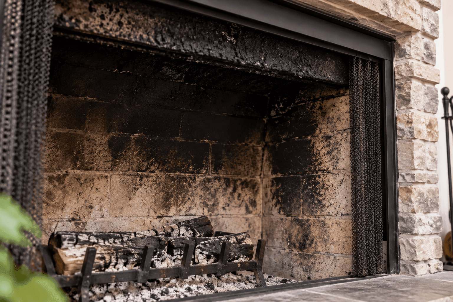 Heavily sooted firebox interior from creosote buildup