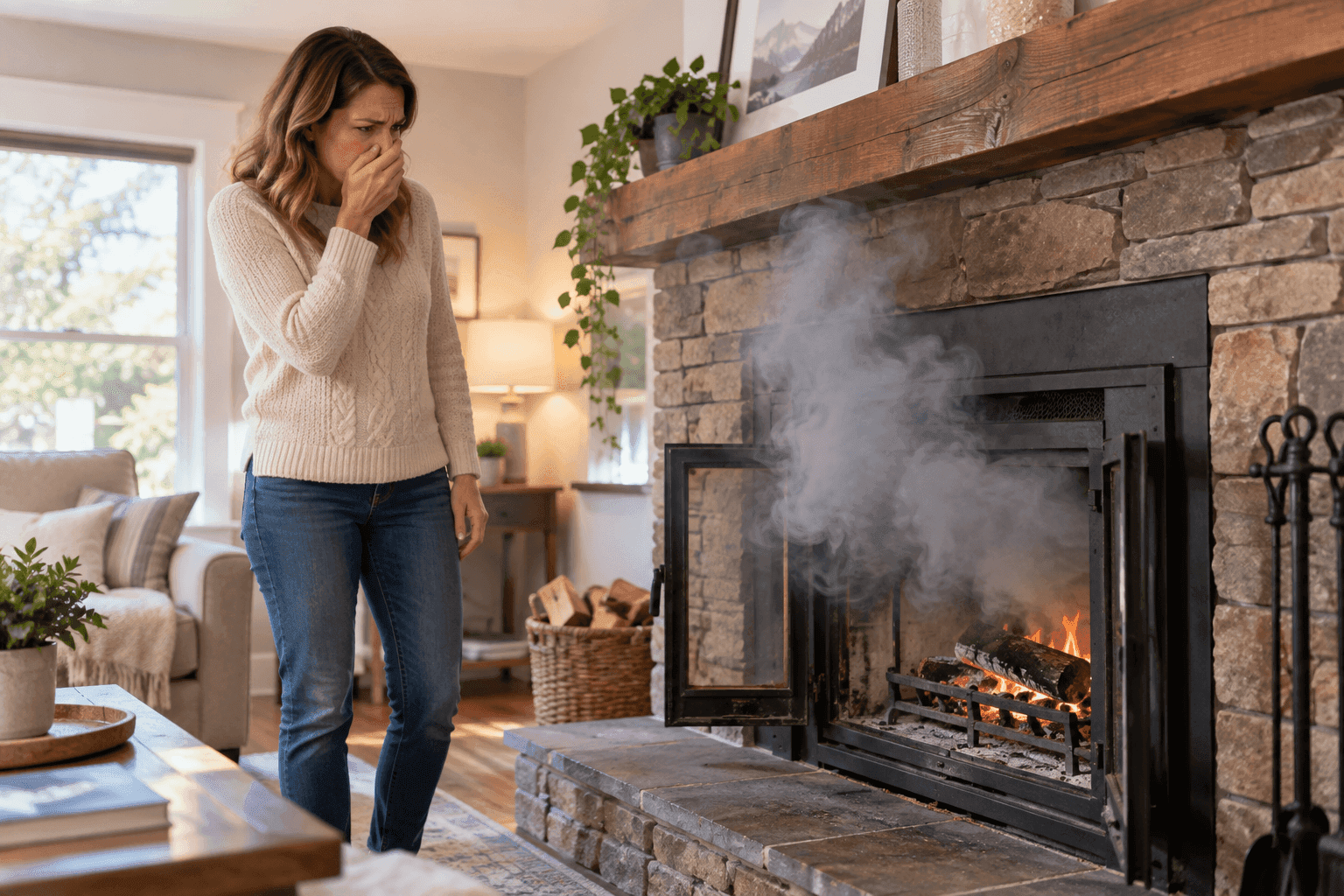 Smoke backing up into the room from a fireplace