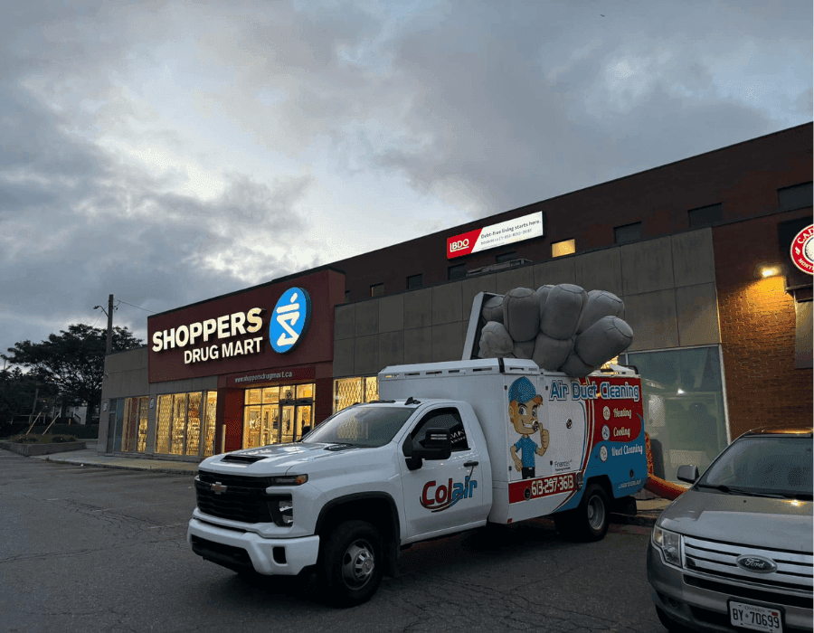 Colair air duct cleaning truck parked at a commercial lot in Ottawa