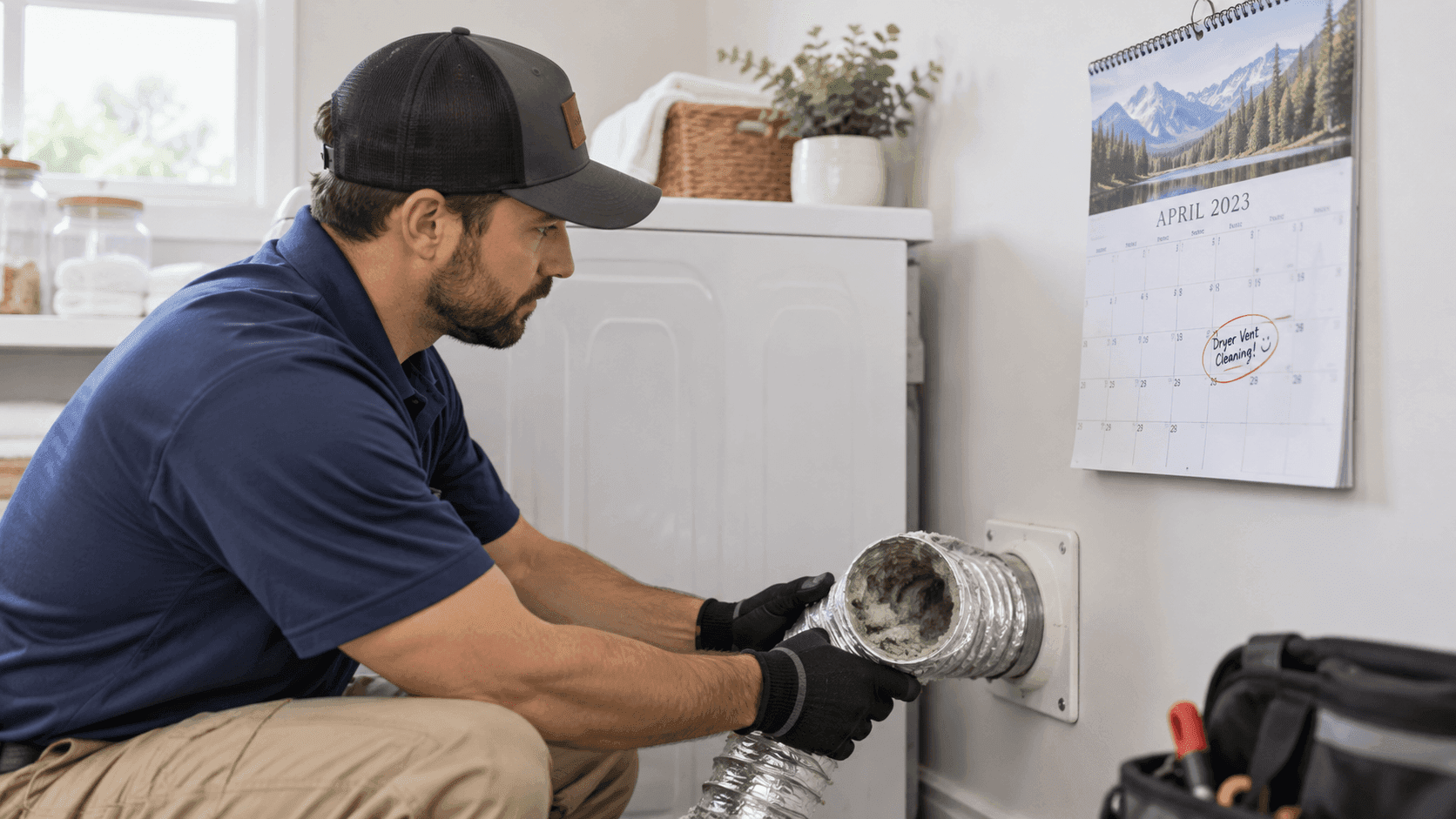Colair technician cleaning a dryer vent, calendar reminder in background