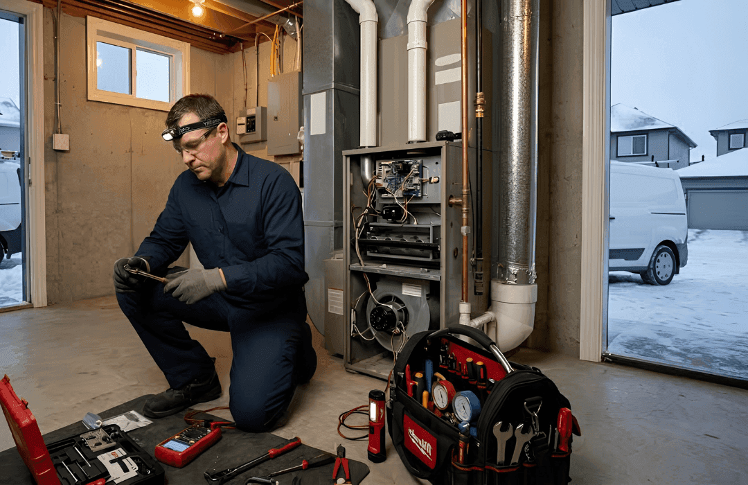 HVAC technician repairing a furnace in a basement during winter
