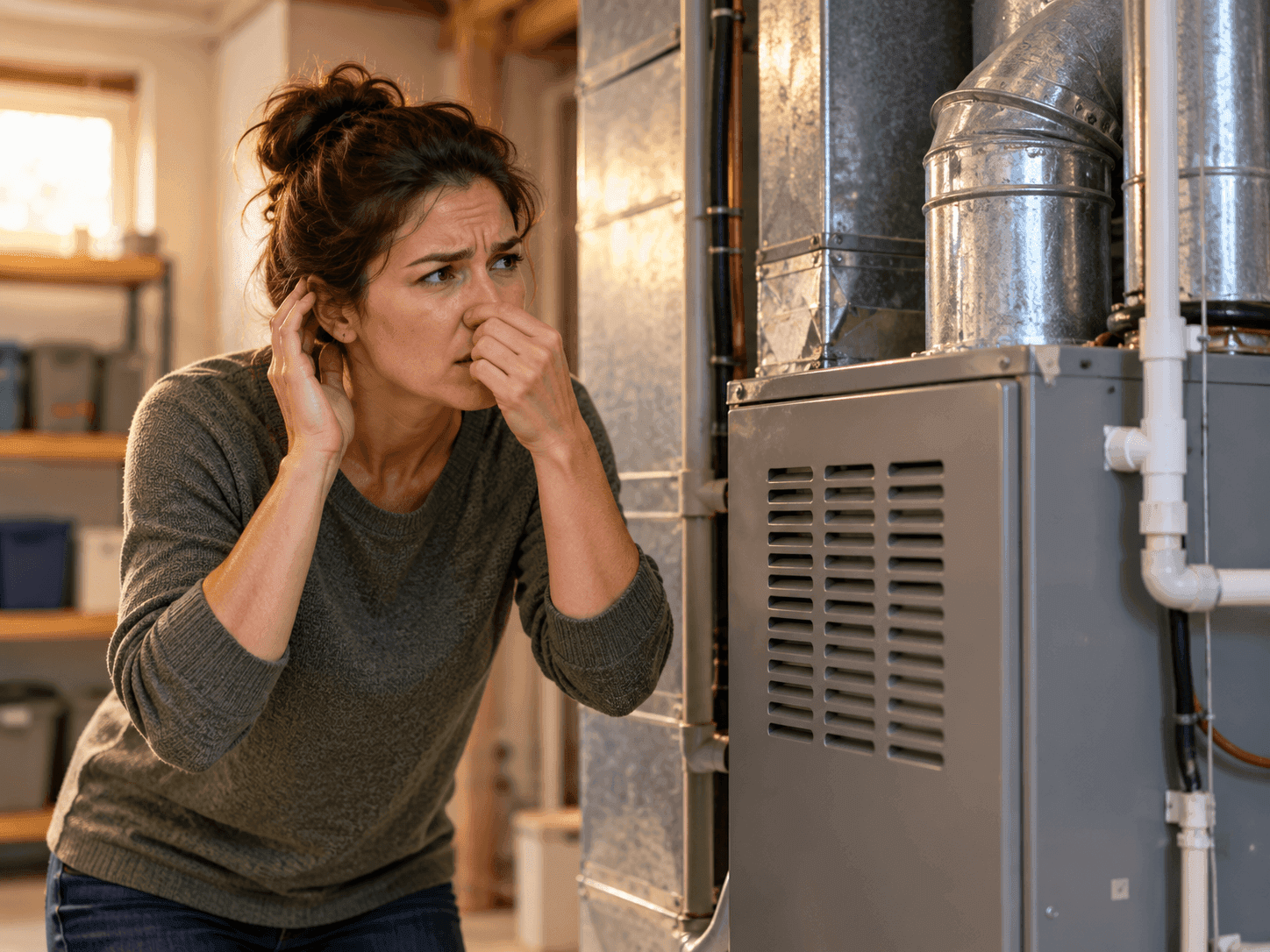 Homeowner listening to and smelling an odd odor coming from a basement furnace
