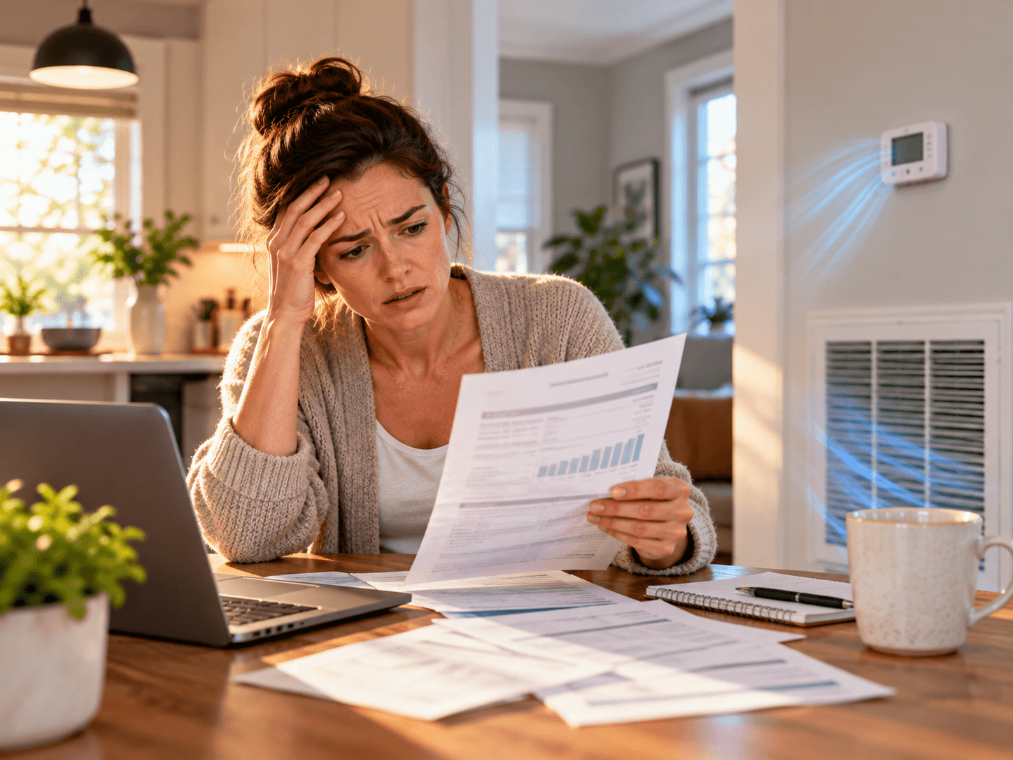 Stressed homeowner reviewing a high energy bill at the kitchen table