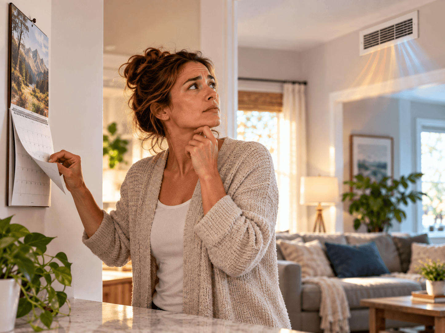 Homeowner checking the calendar, trying to remember the last HVAC service