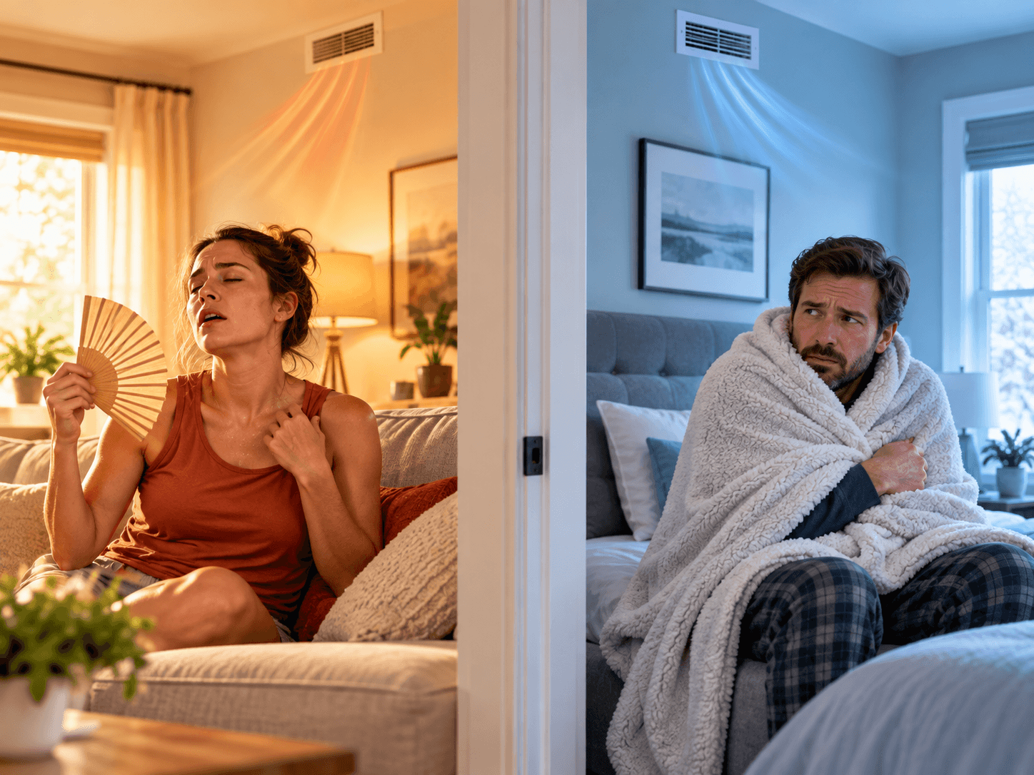 Split view of a homeowner too hot in one room and another wrapped in a blanket in a cold room