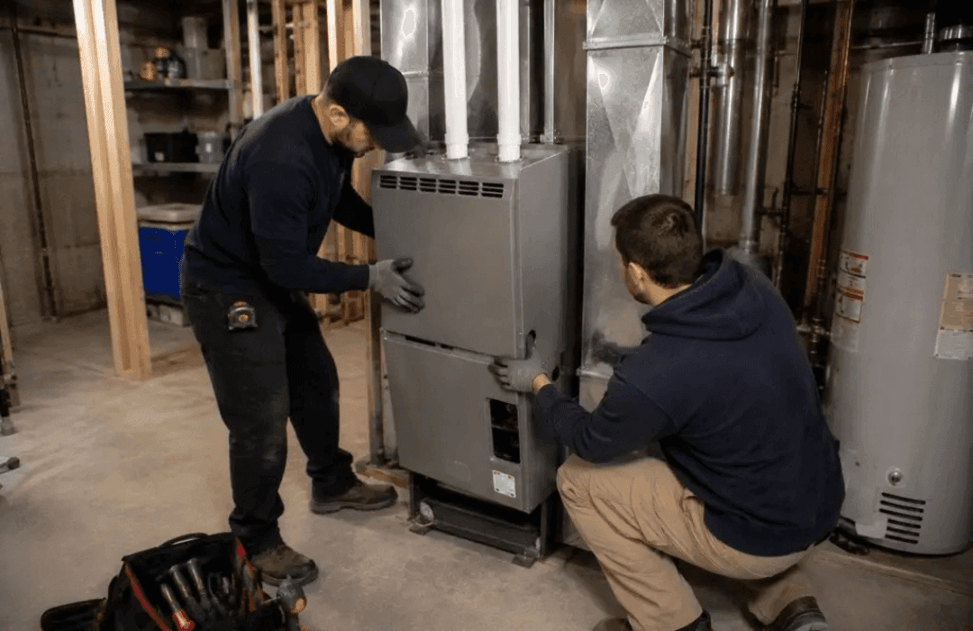 Colair technicians working on a furnace in a basement
