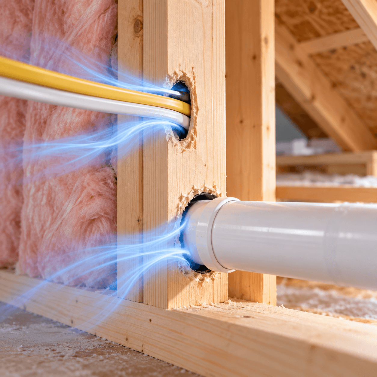 Air leaking through gaps around wiring and plumbing holes in wall framing