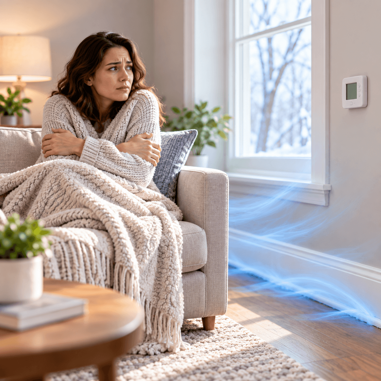 Homeowner wrapped in a blanket in a drafty living room during winter