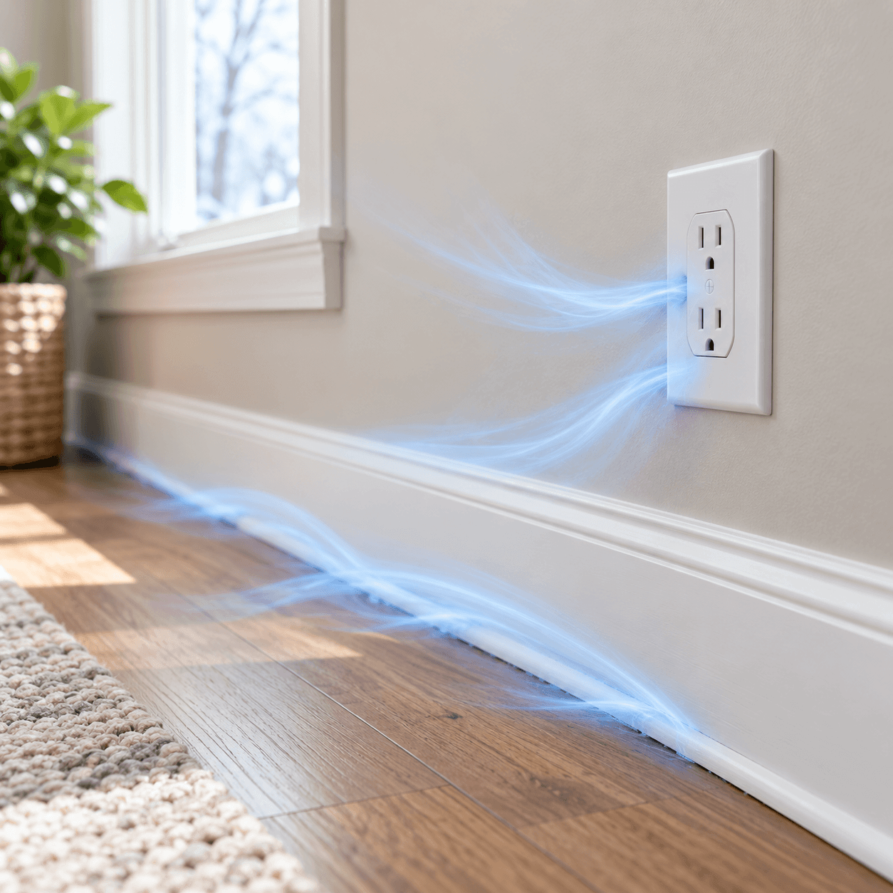 Cold air leaking through an electrical outlet and along the baseboard of a living room wall