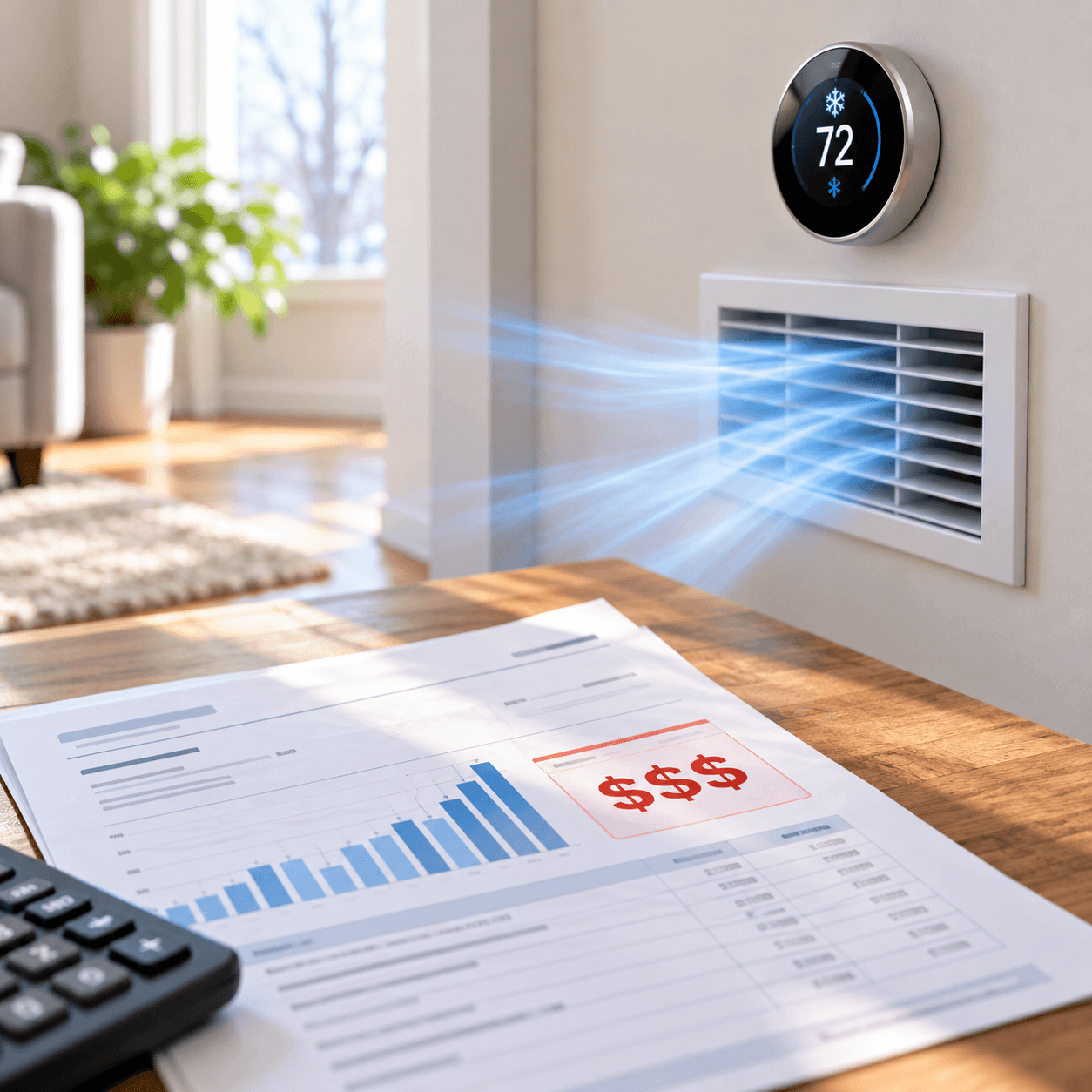 Rising energy bill on a table beside a thermostat and air vent