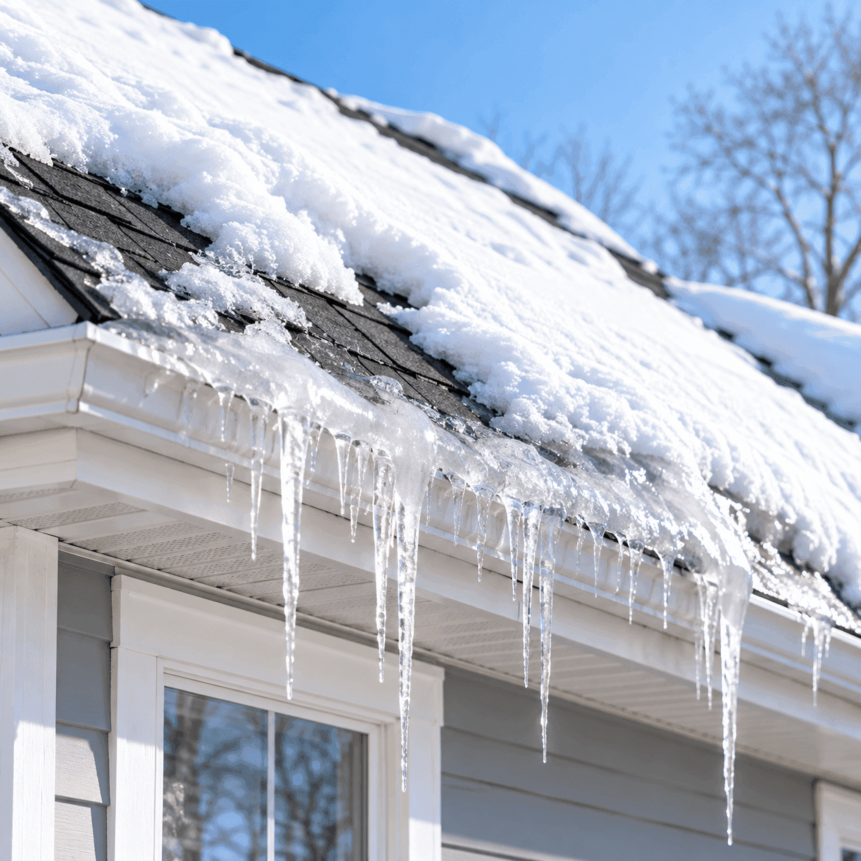 Ice dam and icicles along a snow-covered roofline caused by attic heat loss