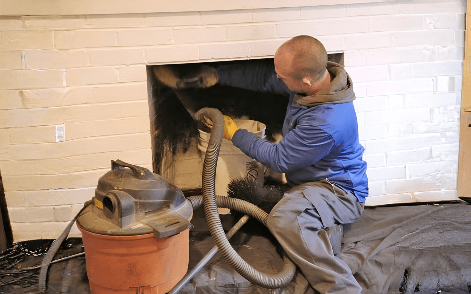 Chimney sweep cleaning a fireplace with a portable shop vac inside the home